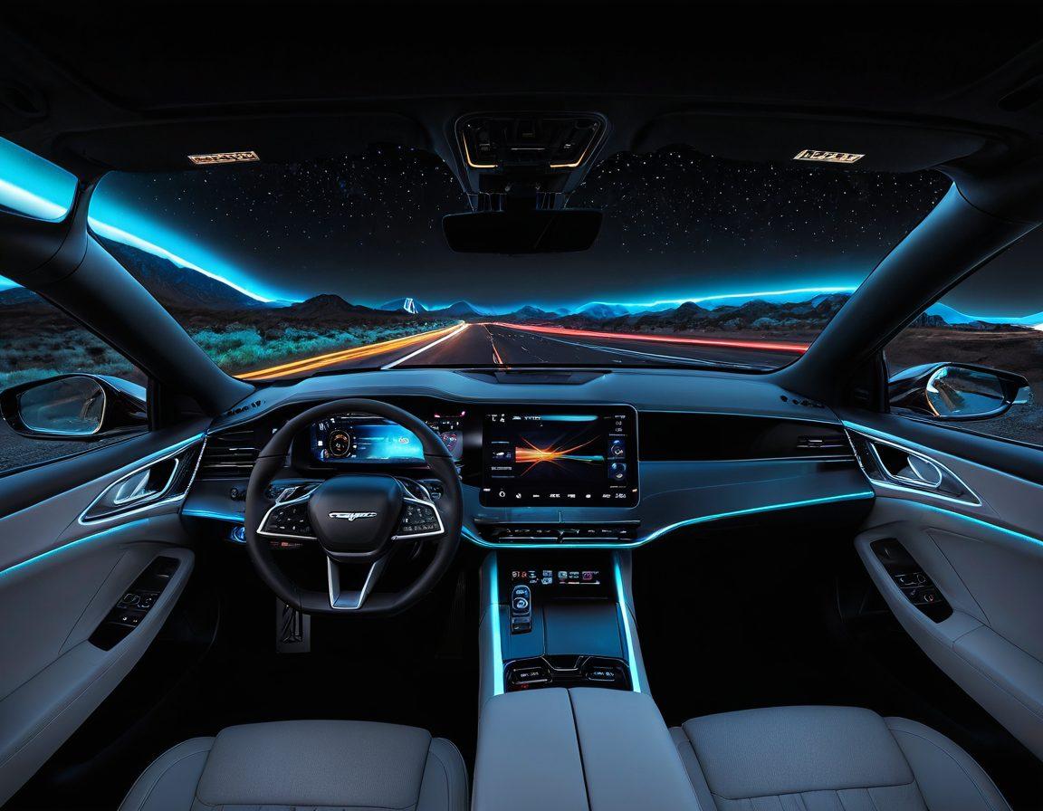 An ultra-modern car dashboard featuring digital screens, futuristic design elements, and a holographic display of automotive innovations like electric vehicles and autonomous driving. Surrounding the dashboard are images of sleek concept cars, futuristic roadways, and a blend of nature and technology. The scene is illuminated with neon lights, showcasing a vibrant and dynamic automotive future. super-realistic. vibrant colors. 3D.