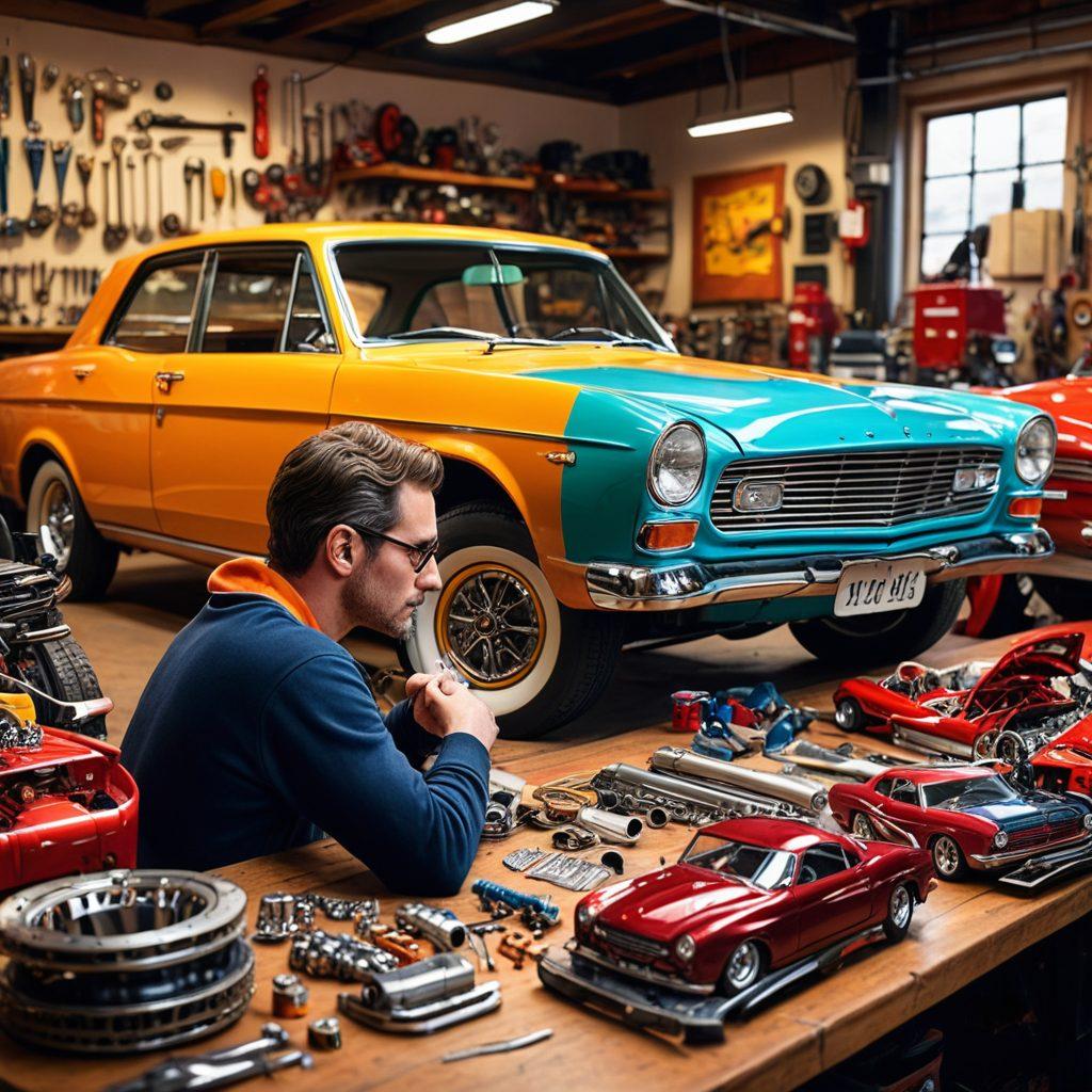 An automotive enthusiast surrounded by a colorful array of car parts and tools, deeply focused while reading a manual, with a vintage car in the background, highlighting the passion for automotive knowledge. The lighting emphasizes the details of the parts, creating an inviting and educational atmosphere. super-realistic. vibrant colors. 3D.